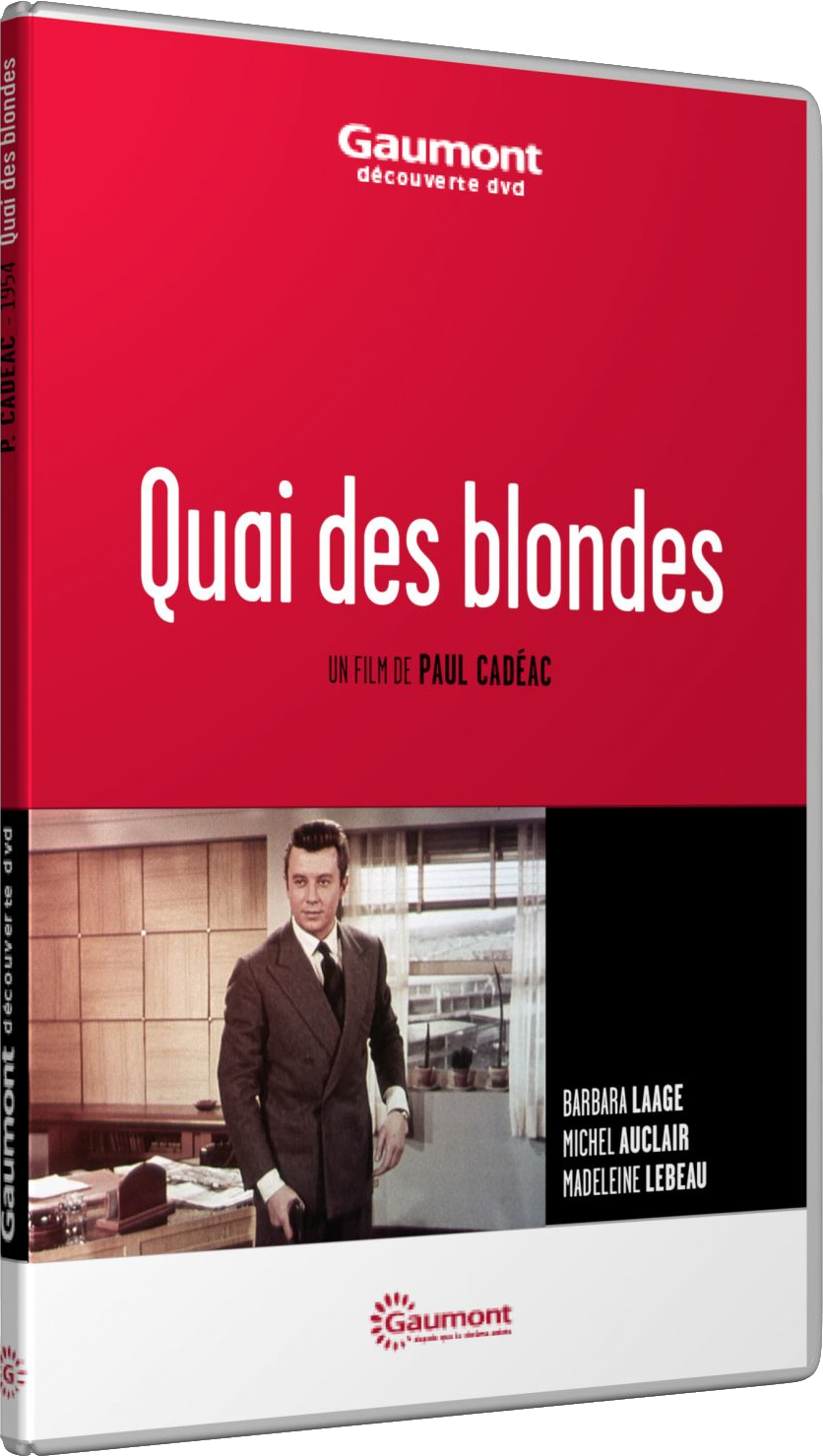 DVD-hoes van "Quai des blondes" met een man in pak. Rode achtergrond.