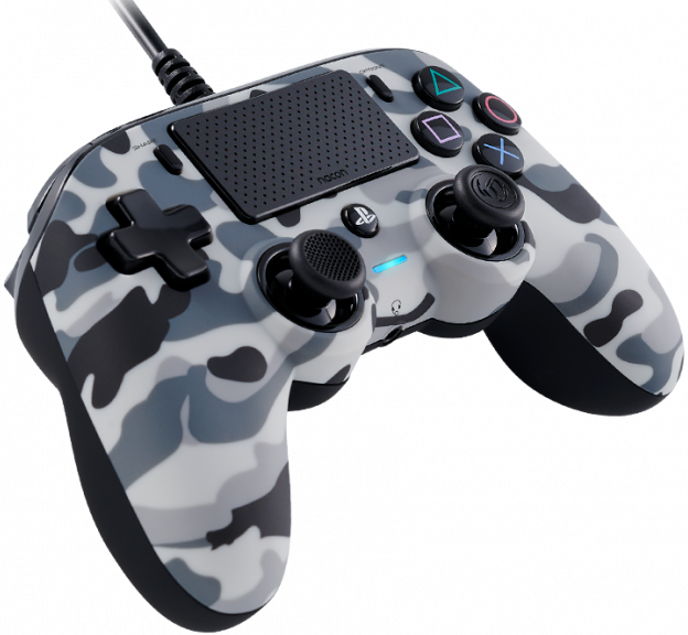 A camouflage-patterned game controller with black joysticks and buttons, isolated on white background.