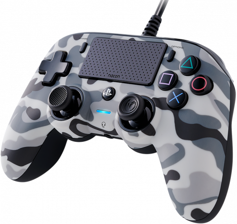 Camouflage-patterned Nacon PS4 controller with buttons, D-pad, and joysticks; black background.