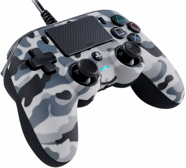Camouflage gaming controller.  Black buttons.  Blue light is on.  Black cable attached.