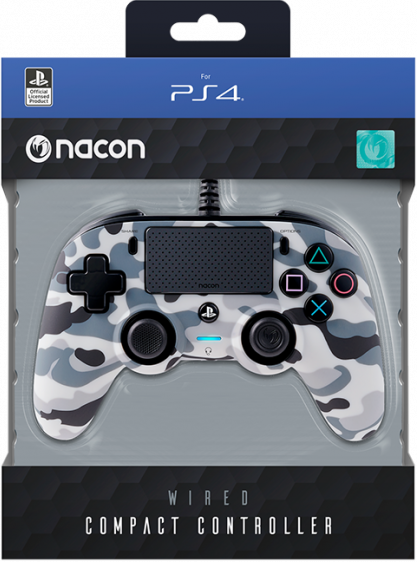 PS4 wired controller in a clear plastic box. It is black, white and gray camouflage.