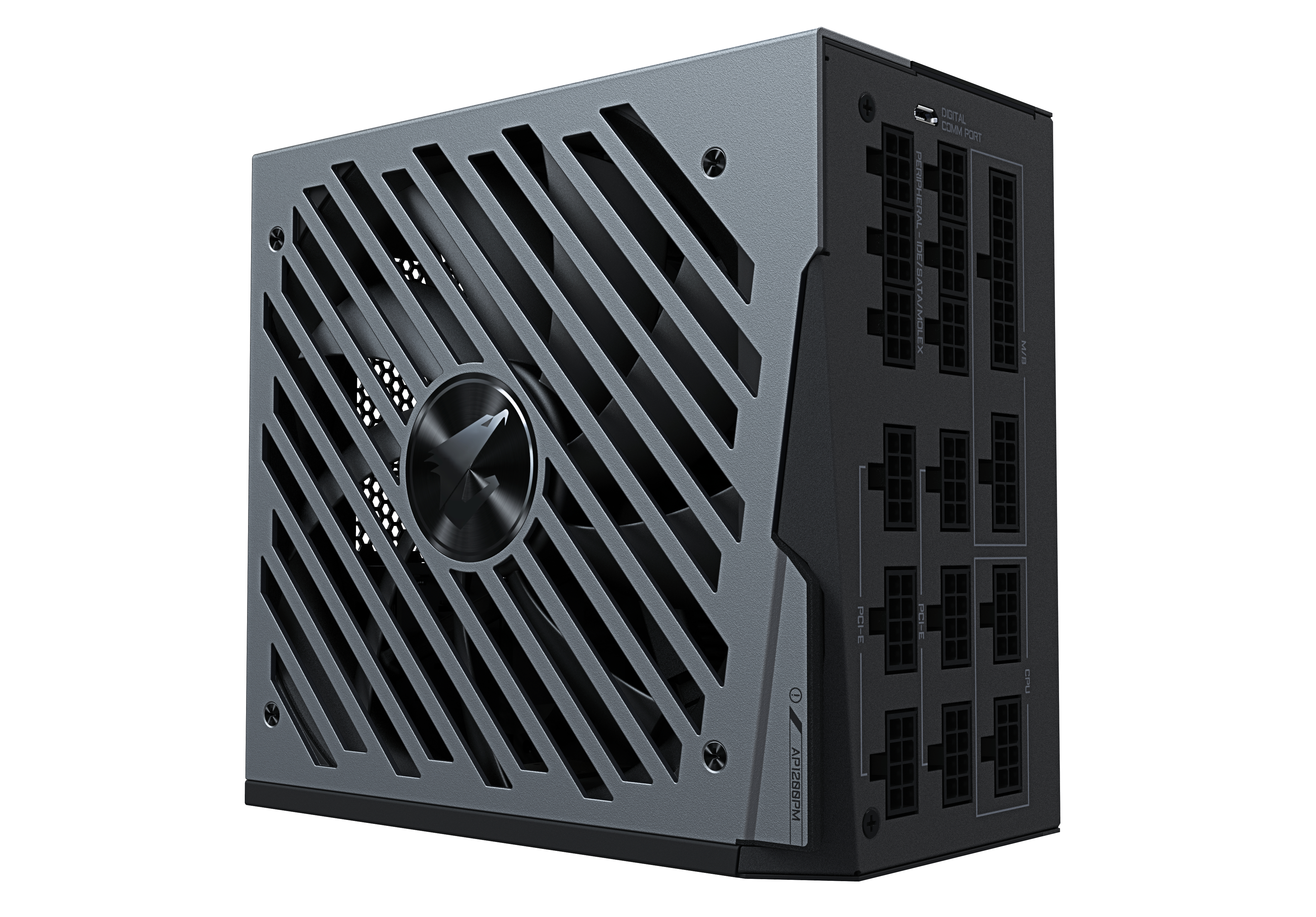 Silbernes und schwarzes Computer-Netzteil mit Lüftergrill und mehreren Anschlüssen.