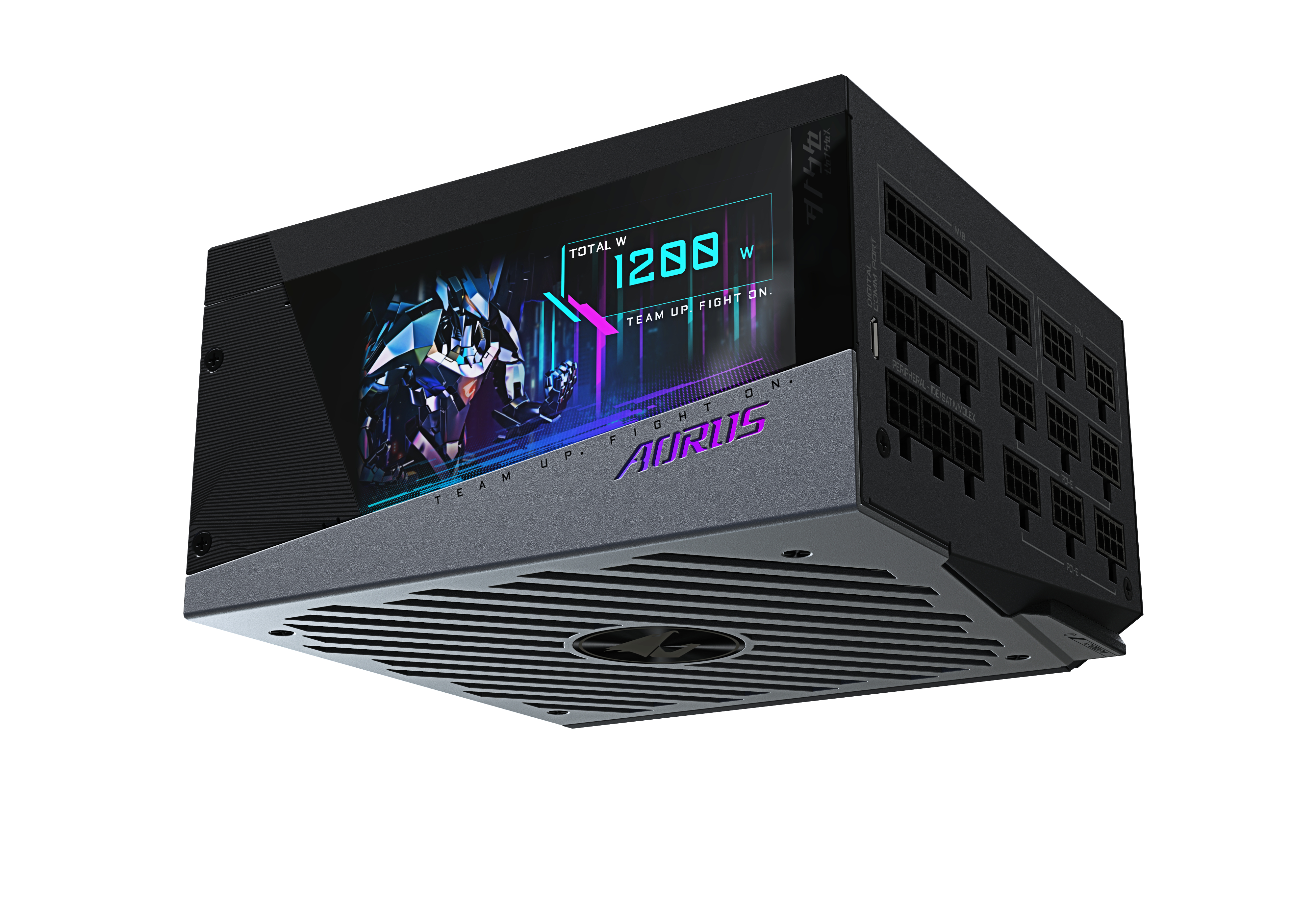 Schwarz-graues Netzteil. Mit Text: TOTAL W 1200, AORUS und TEAM UP. FIGHT ON.