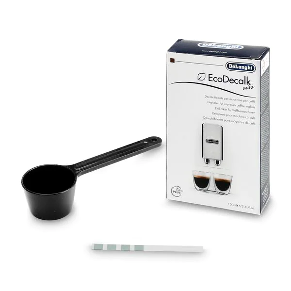 DeLonghi descaler kit with a black measuring scoop and a test strip.