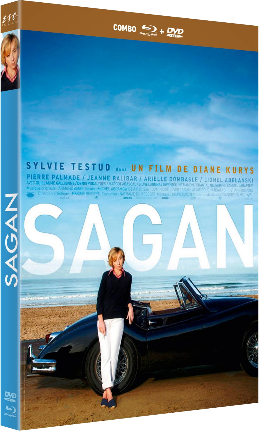 Couverture du DVD Sagan. Femme en voiture noire sur une plage. Ciel bleu. Titre du film.