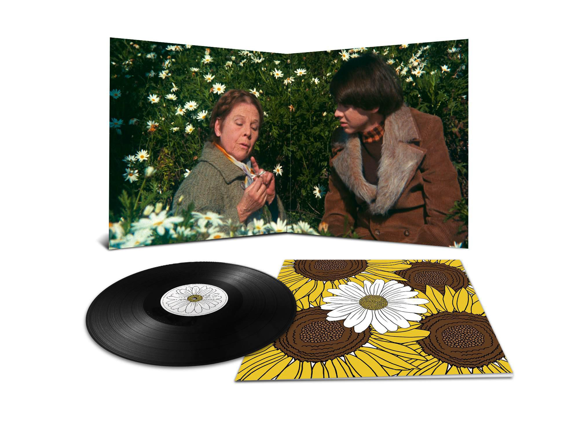 Schallplattenhülle mit Foto und Schallplatte. Foto zeigt Menschen auf einem Blumenfeld.