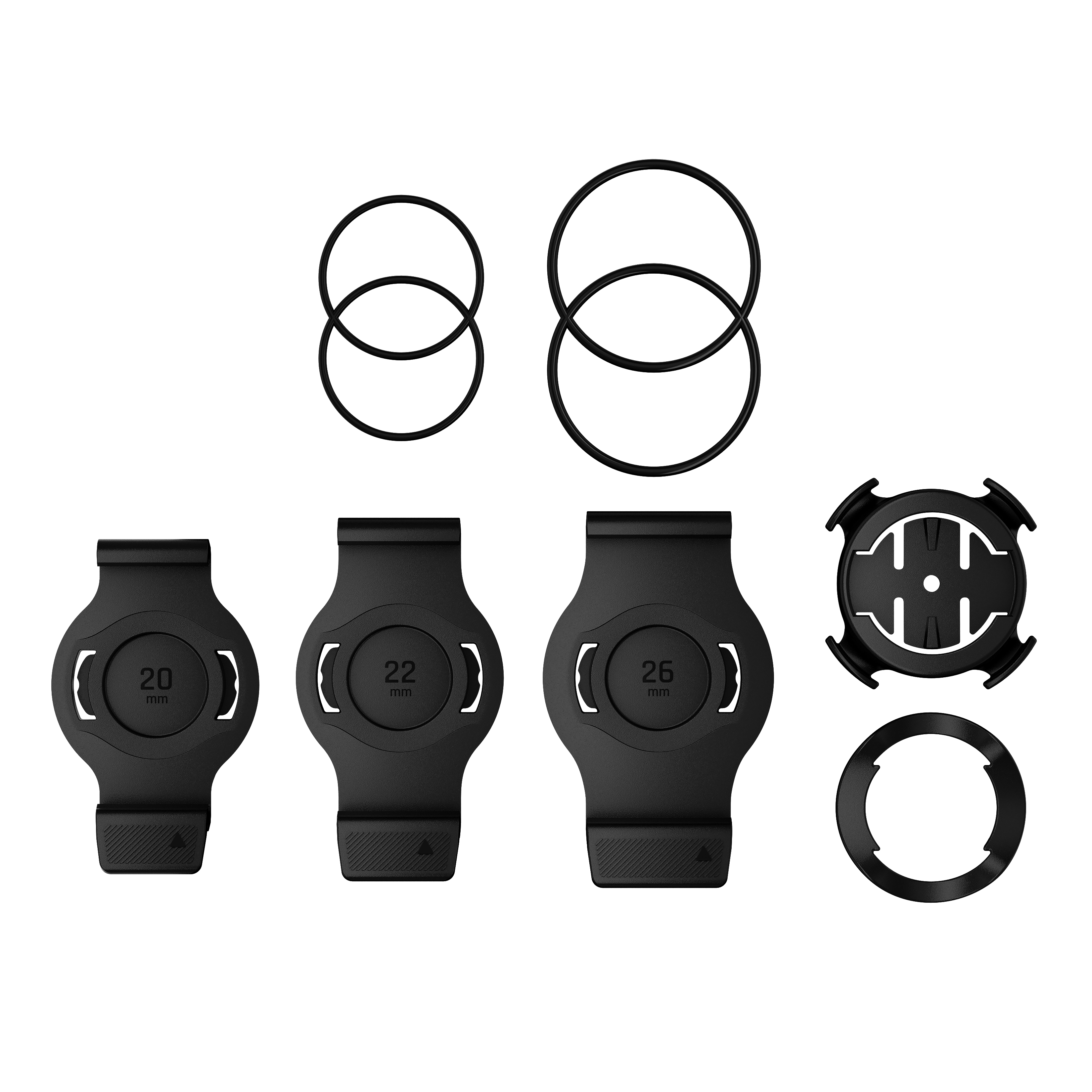 Schwarze Uhrenarmbänder und O-Ringe in verschiedenen Größen, isoliert.