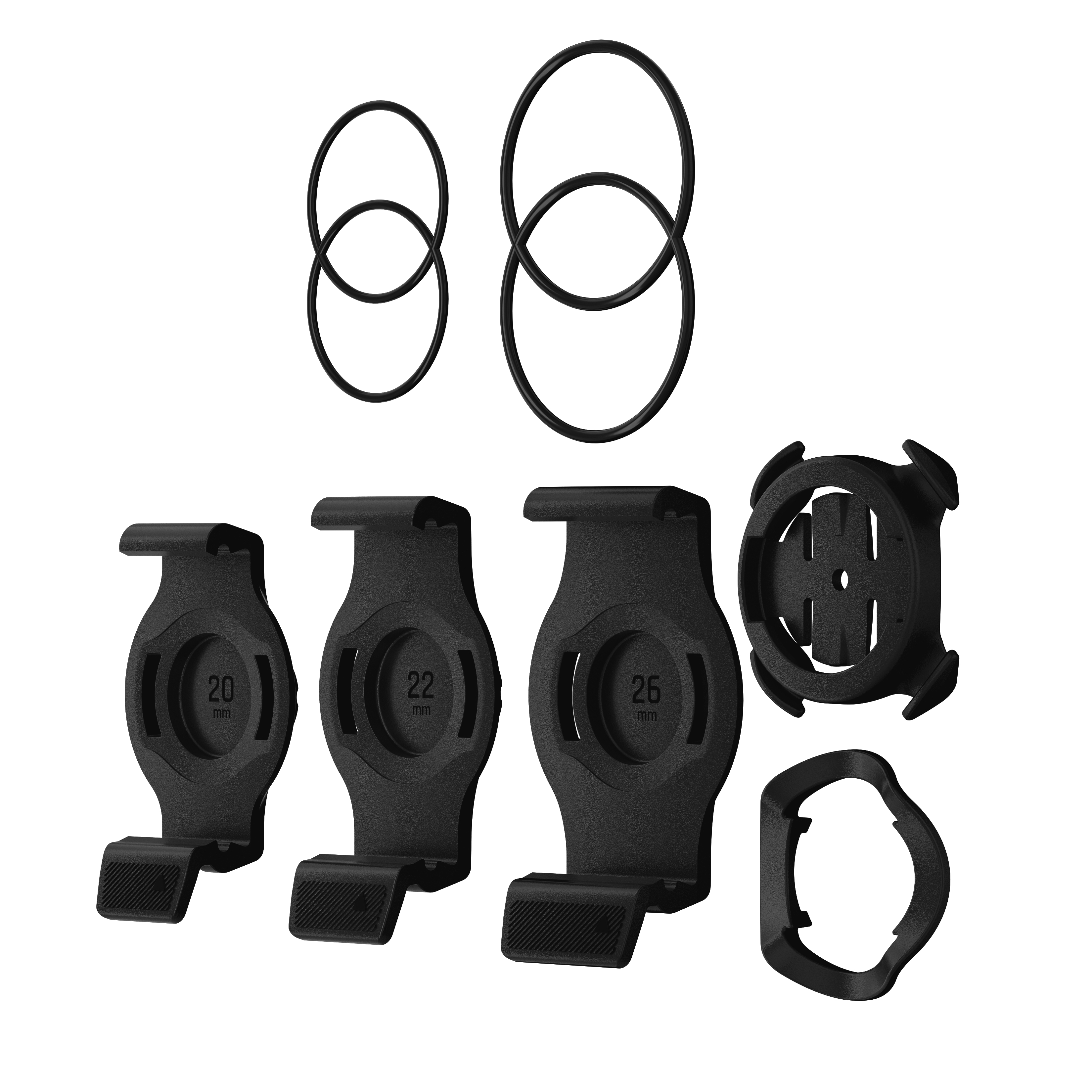 Schwarze Fahrradcomputerhalterungen und O-Ringe auf weißem Hintergrund.