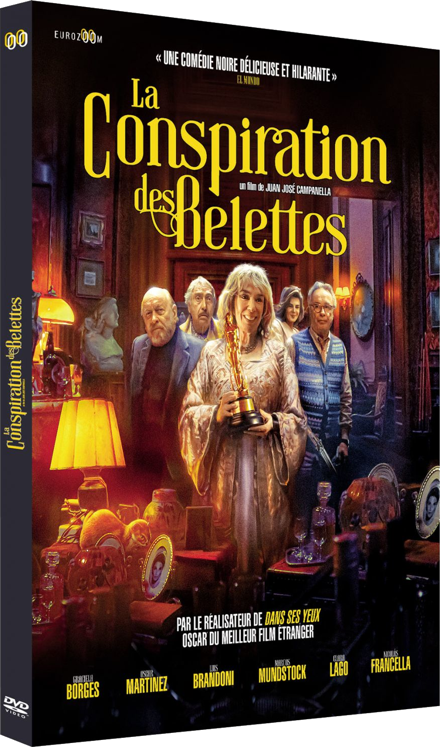 DVD-cover voor La Conspiration des Belettes met een groep mensen. Gouden Oscar-standbeeld.