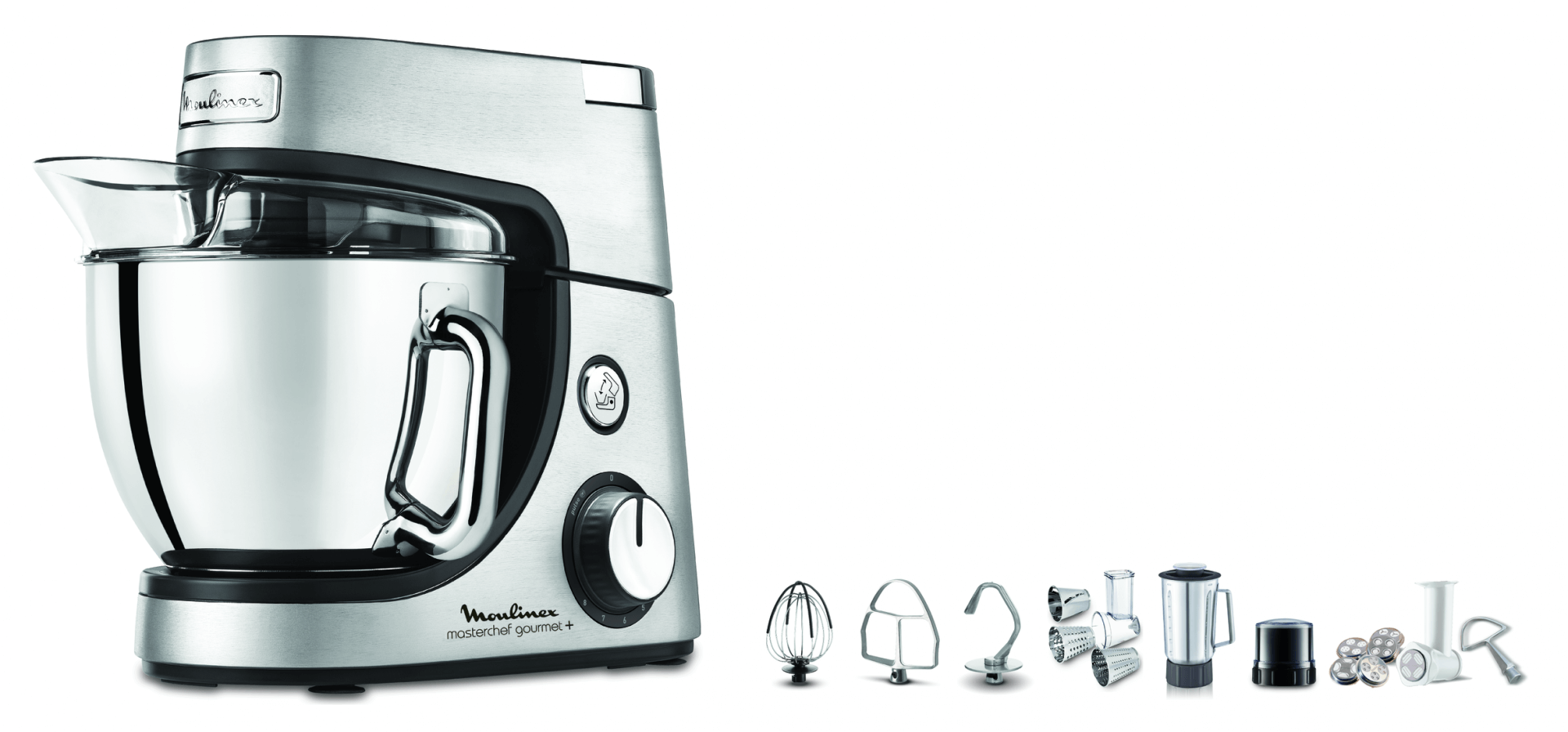 Silver Moulinex Masterchef Gourmet+ kitchen mixer with accessories on a white background.