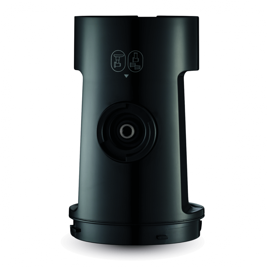 Black coffee machine part with top and bottom sections, with icons.