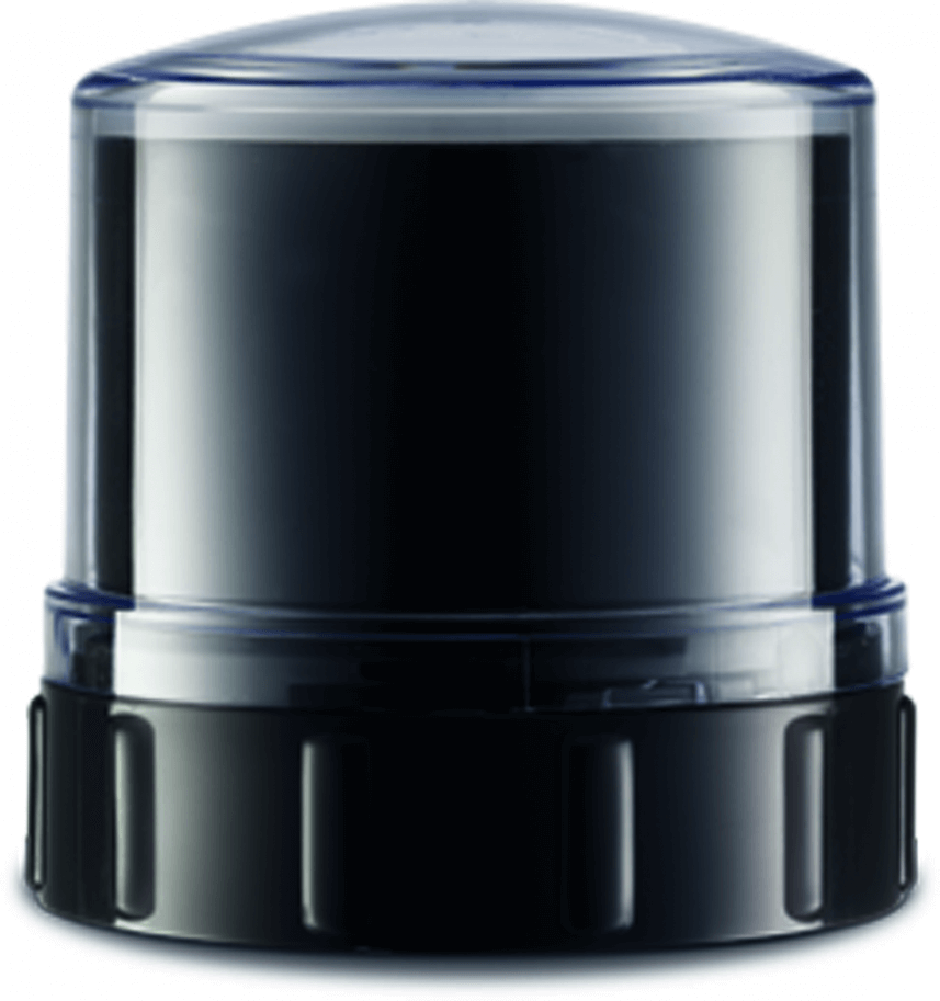 A black and clear plastic device with a clear top, likely a coffee machine component.