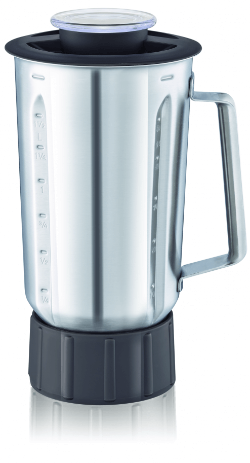 Stainless steel blender jar with a handle, measurement markings, and a lid. White background.