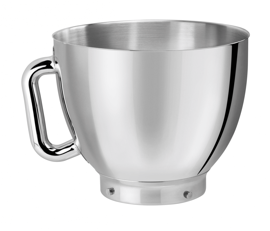 Stainless steel mixing bowl with a handle.