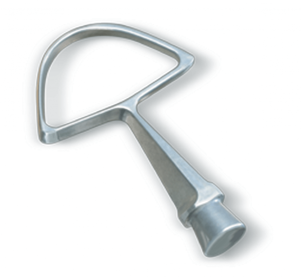 Silver-colored mixer attachment, handle-shaped, with a rounded top and a tapered base.