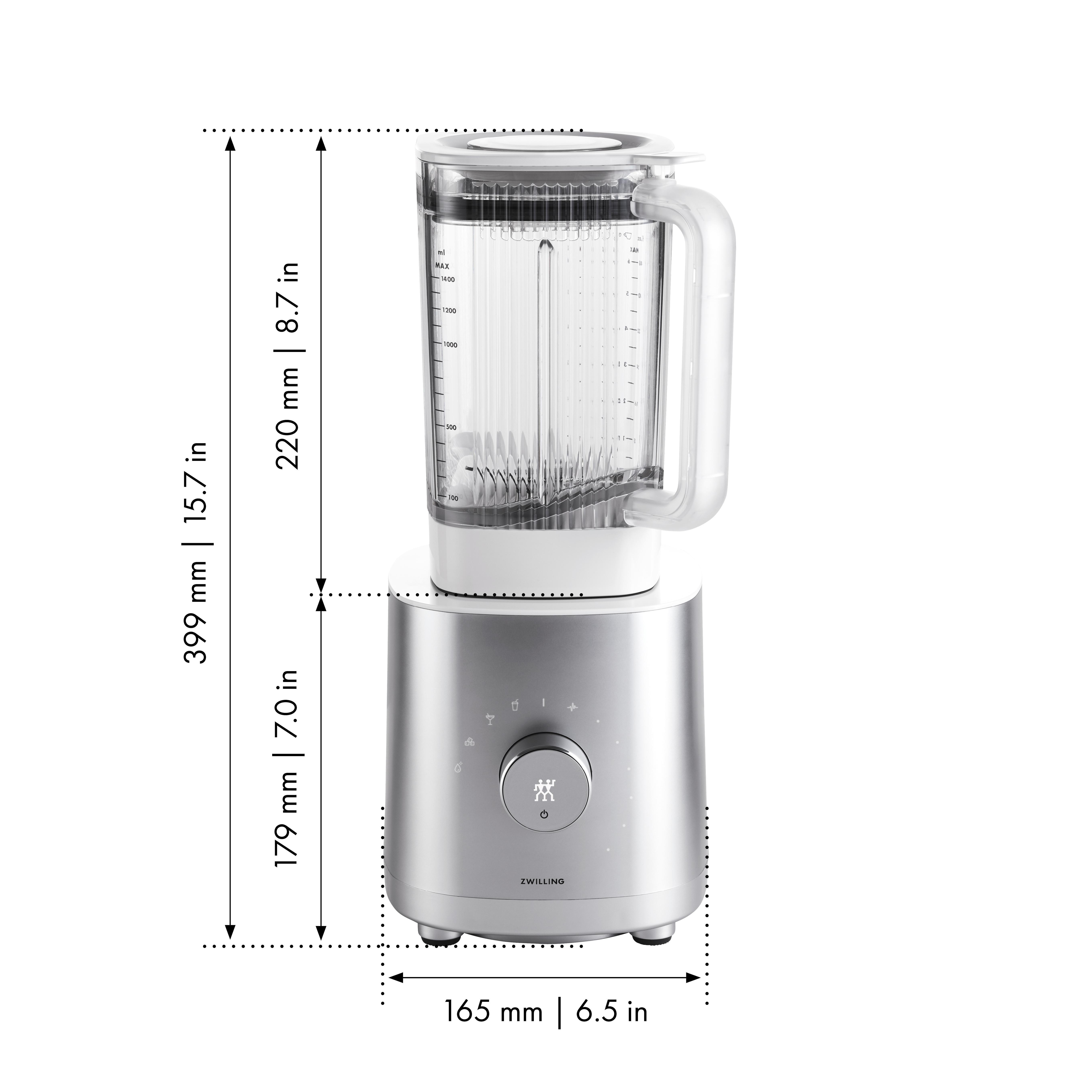 Silberner Mixer mit Abmessungen in mm und Zoll.