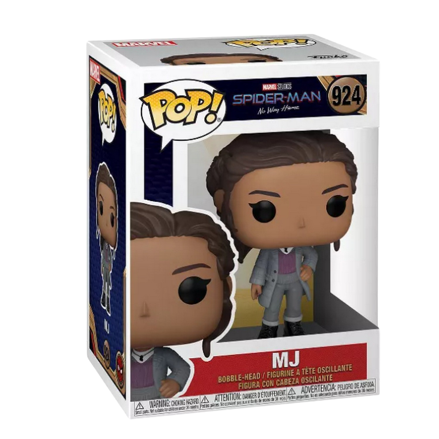 Figura Funko Pop MJ en caja. Figura con atuendo y abrigo grises. El arte de la caja tiene la imagen de MJ.