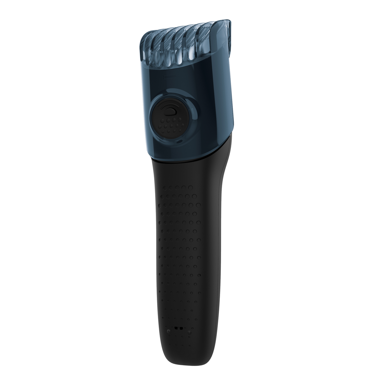 Recortador de barba negro con peine guía ajustable azul oscuro. Aislado sobre fondo blanco. Vista lateral.