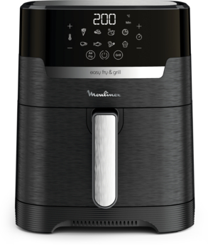 Black air fryer with digital display, easy fry & grill logo.