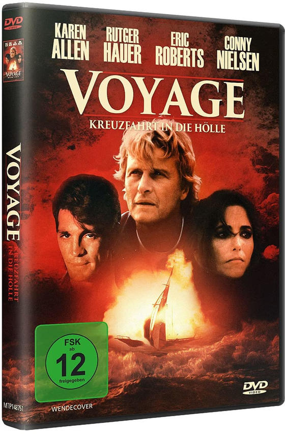 DVD-Cover mit Schauspielern, Titel 'VOYAGE' und einem brennenden Schiff.