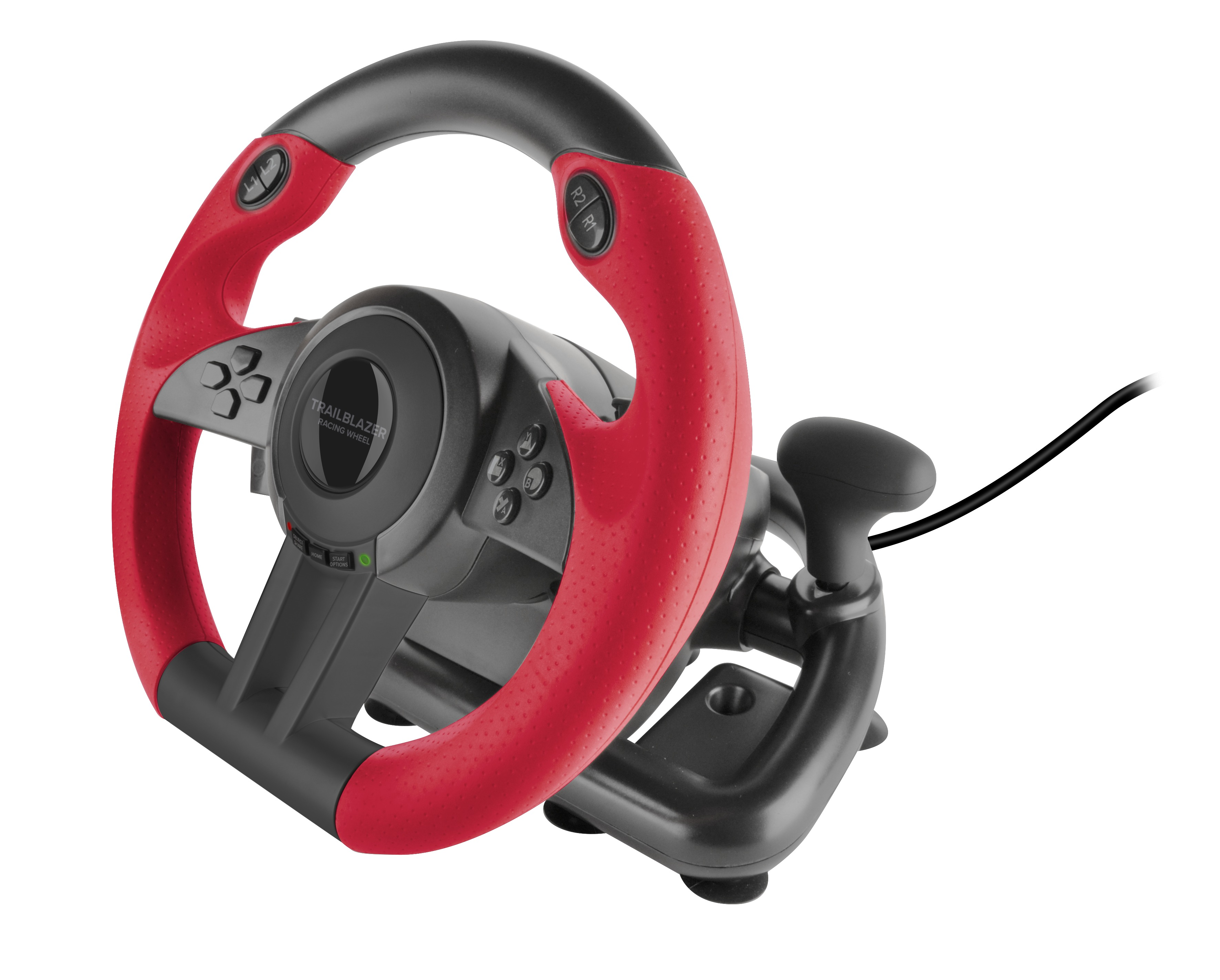 Schwarzes und rotes Rennlenkrad mit Pedalen und Gangschaltung. Schwarze Basis, weißer Hintergrund.