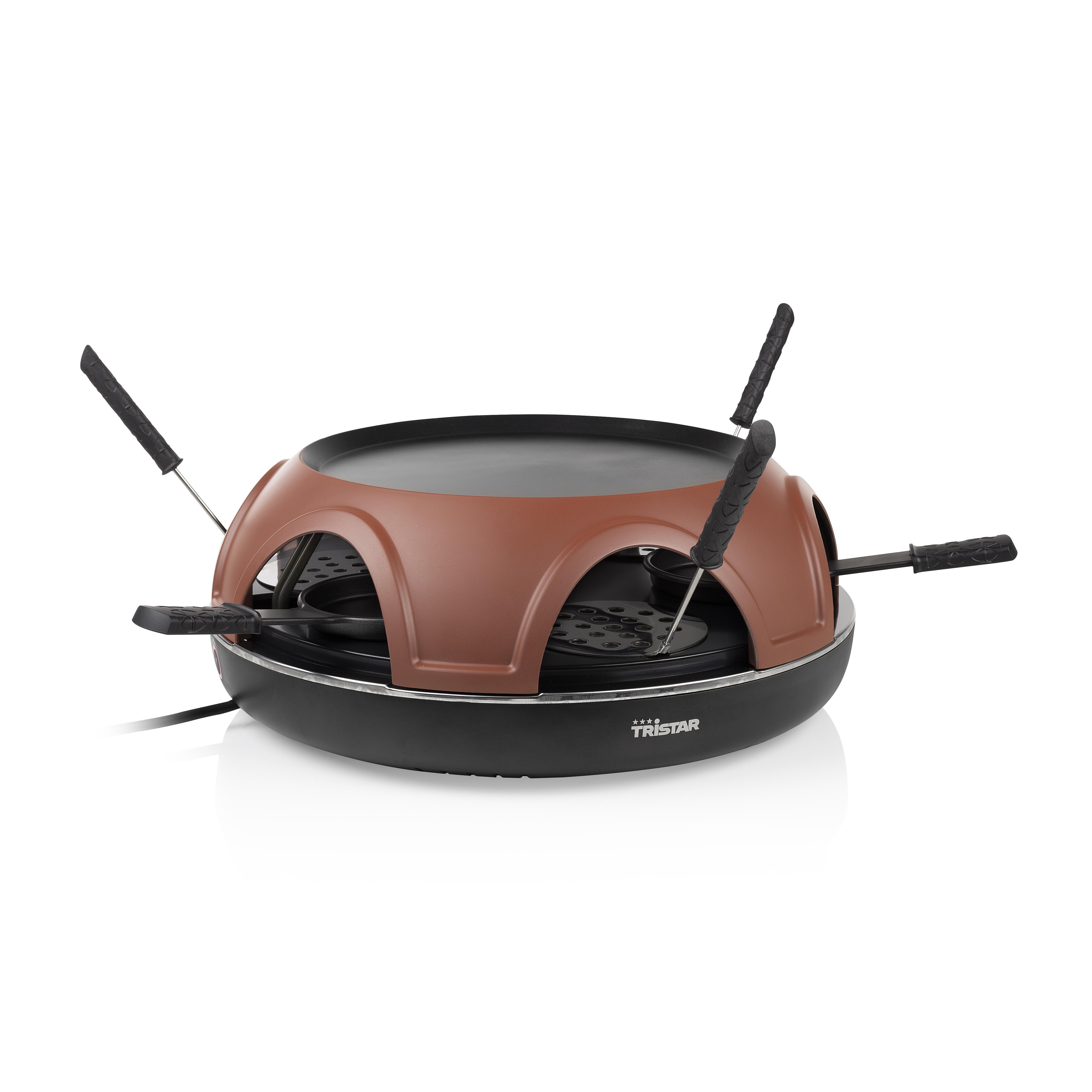 Ein brauner und schwarzer Raclette-Grill mit vier Fonduegabeln.