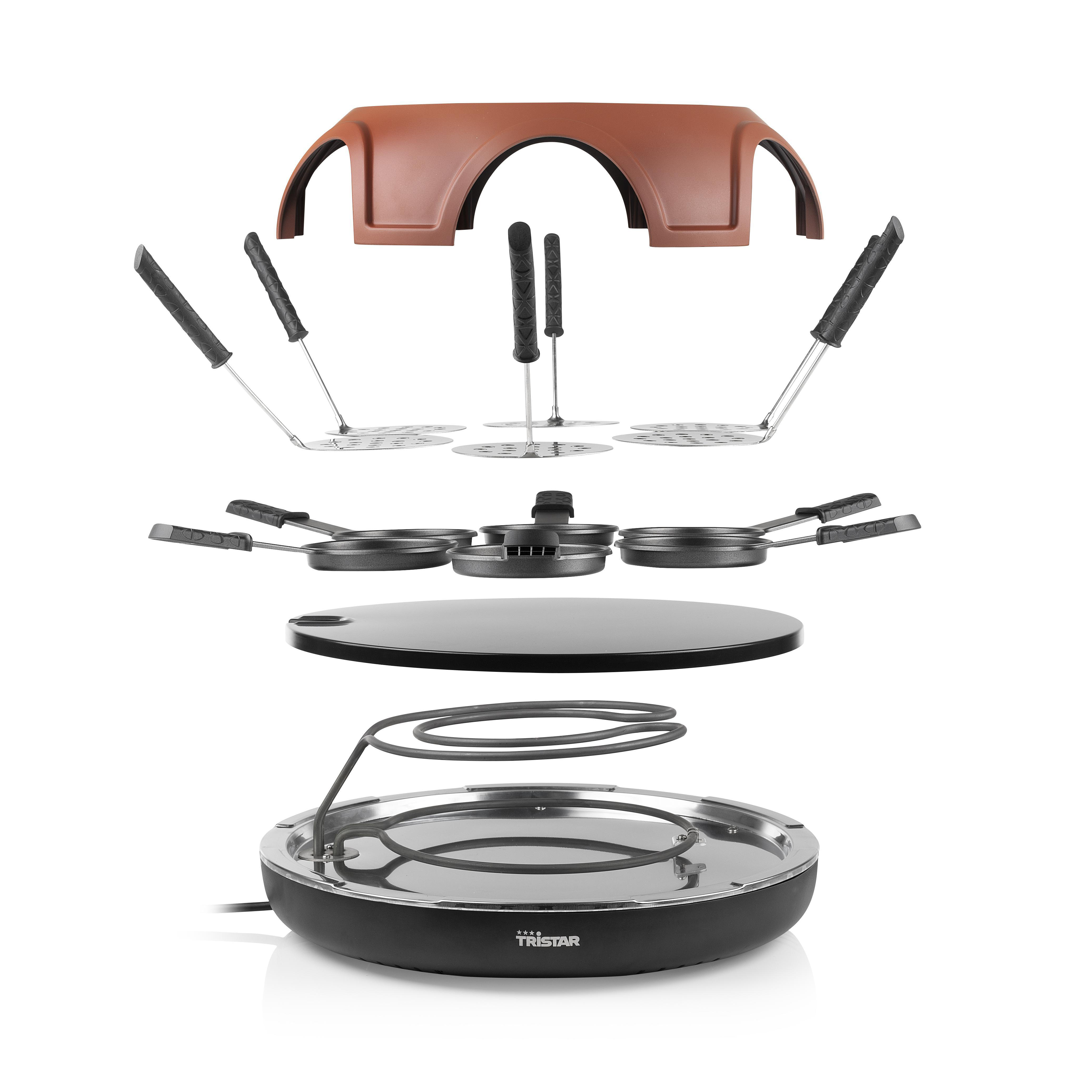 Zerlegter Raclette-Grill mit Heizelement und Pfannen.