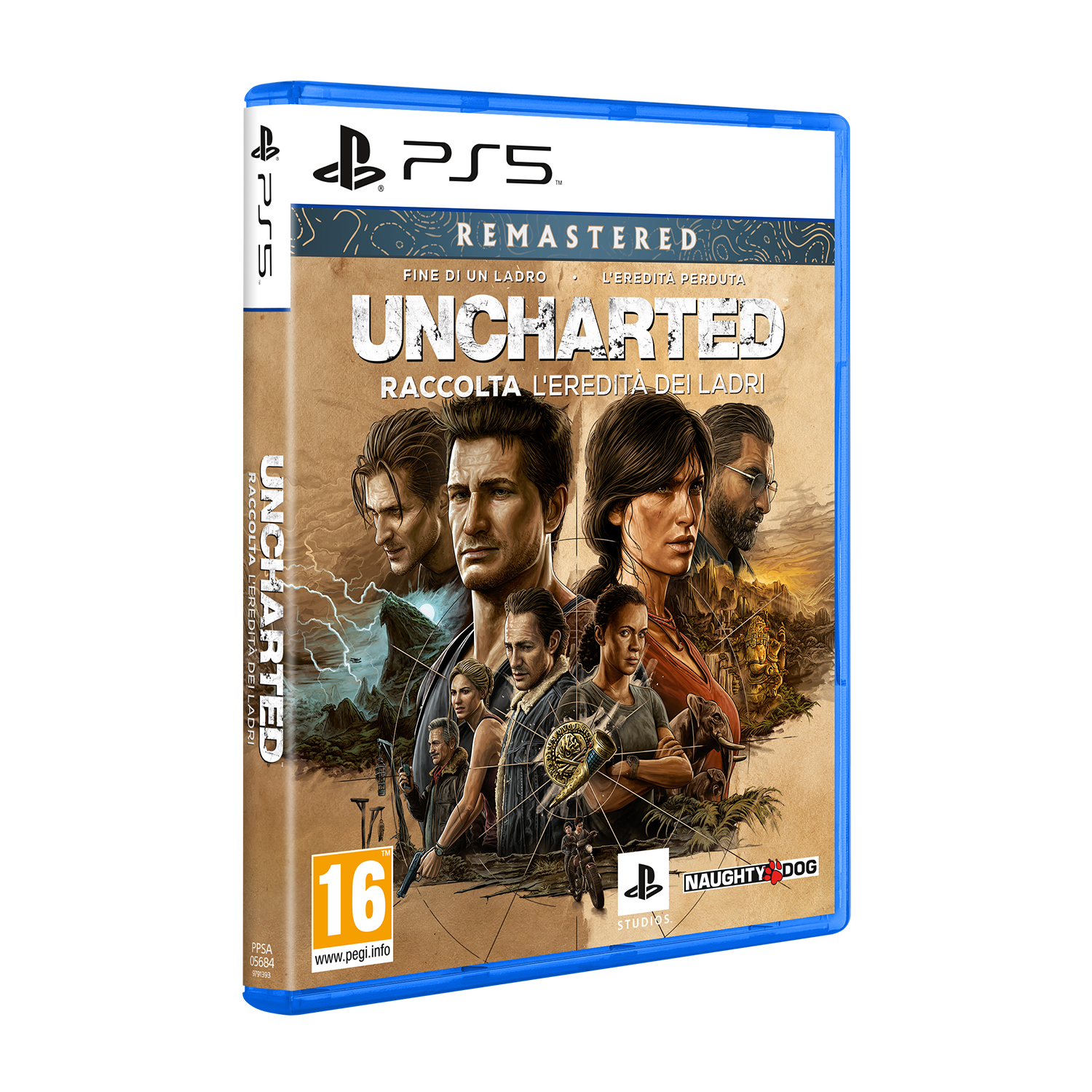Custodia del gioco Uncharted, con i personaggi principali. Custodia blu. Logo "PS5" e classificazione per età visibili.