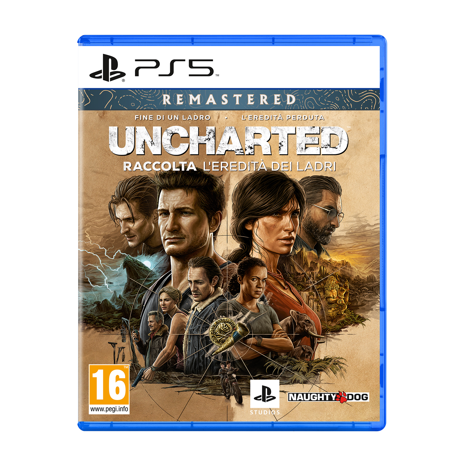 La copertina del gioco PS5, Uncharted: Legacy of Thieves Collection, con personaggi e titolo.