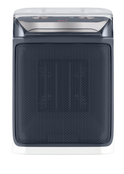 Top view of an air purifier, with a dark gray front panel, and a white base.