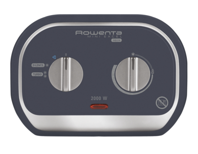 Rowenta Mini Excel heater. Dark blue with silver trim. Two control dials and a red light.