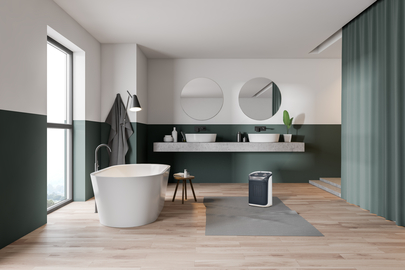 Bathroom with a bathtub, mirrors, and a heater.
