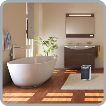 A bathroom with a tub, plant, and heater. The room has wood floors and a mirror.