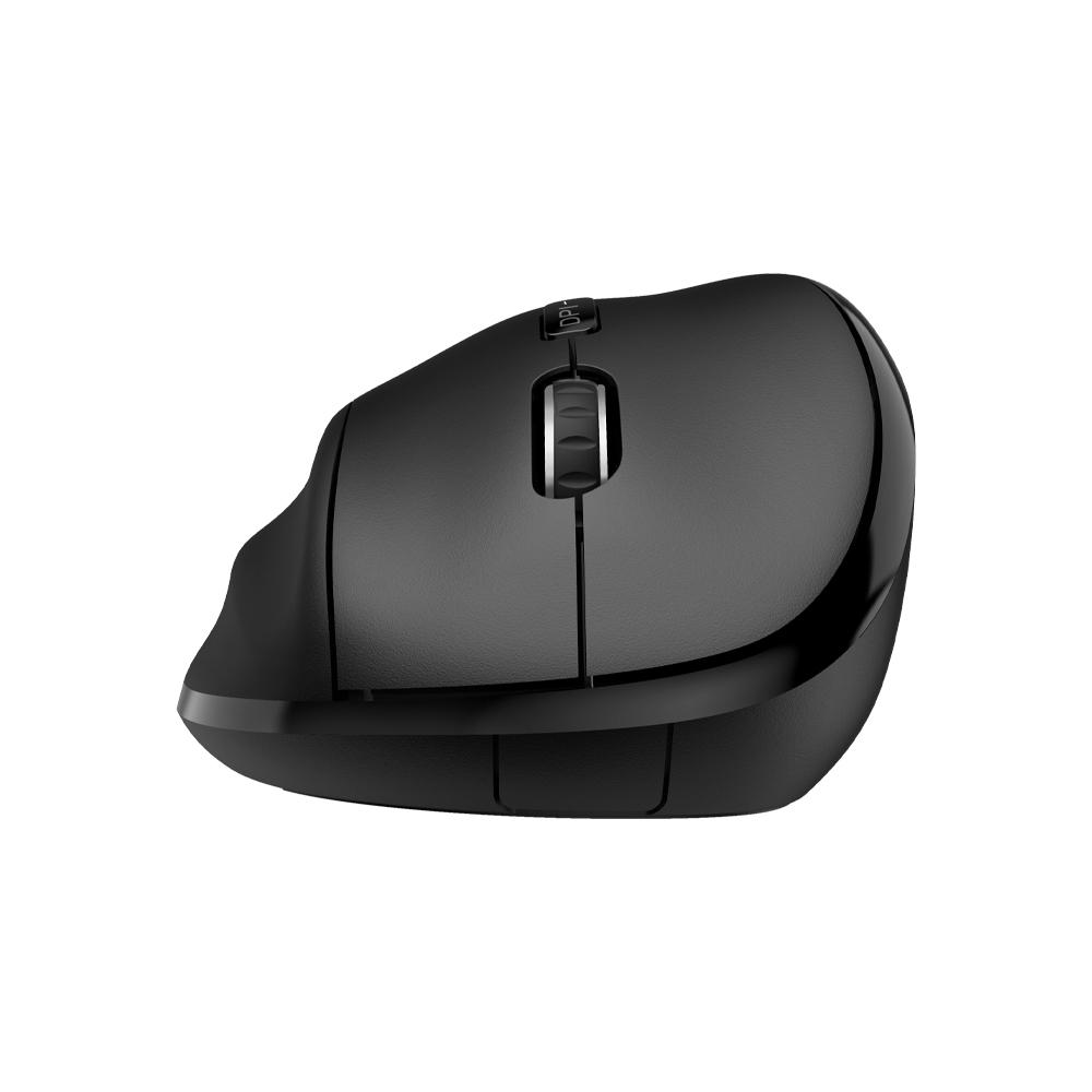 Black ergonomic computer mouse, top view, on a white background.