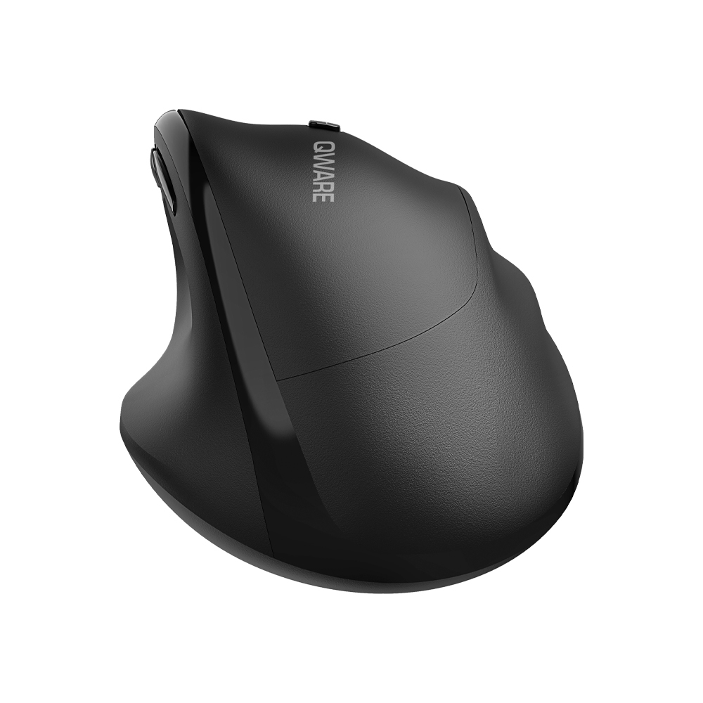 Black ergonomic mouse with side buttons, on a white background.