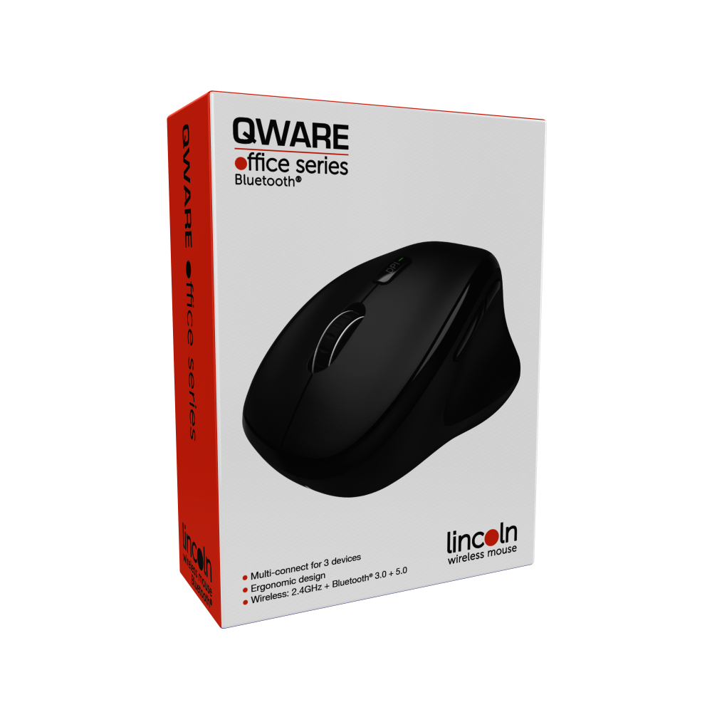 Black wireless mouse in a box with QWARE office series branding.