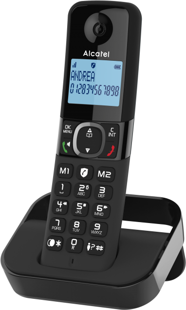 Alcatel vezeték nélküli telefon alapon, telefonszámot és 'Andrea' feliratot mutat a képernyőn.