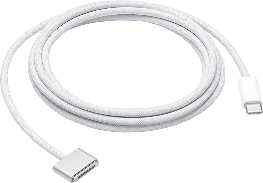 Un câble d'alimentation blanc enroulé avec un connecteur argenté et un connecteur USB-C à l'extrémité.