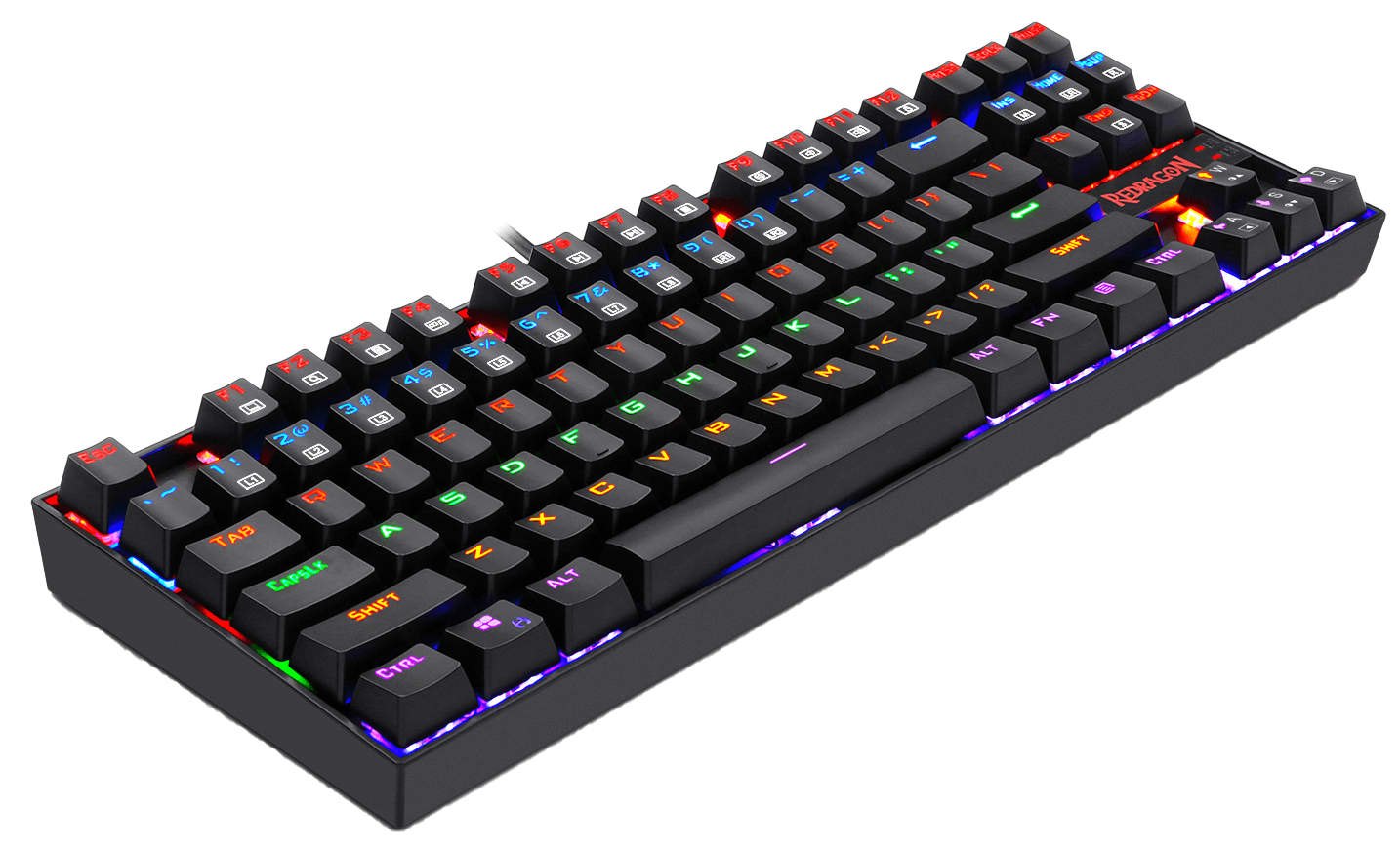 Egy fekete gamer billentyűzet színes, megvilágított gombokkal. Jobb felül a Redragon felirat látható.