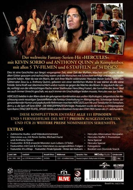 Rückseite der Hercules DVD-Hülle. Mit Kevin Sorbo und Anthony Quinn. Text und Bilder der Serie sind sichtbar.