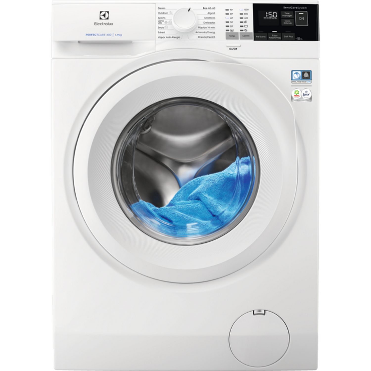 Una lavadora blanca con una toalla azul dentro y panel de control.