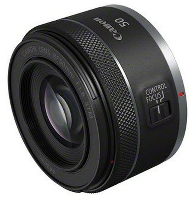 Black Canon camera lens. It has "Canon 50" and "Control Focus" labels.