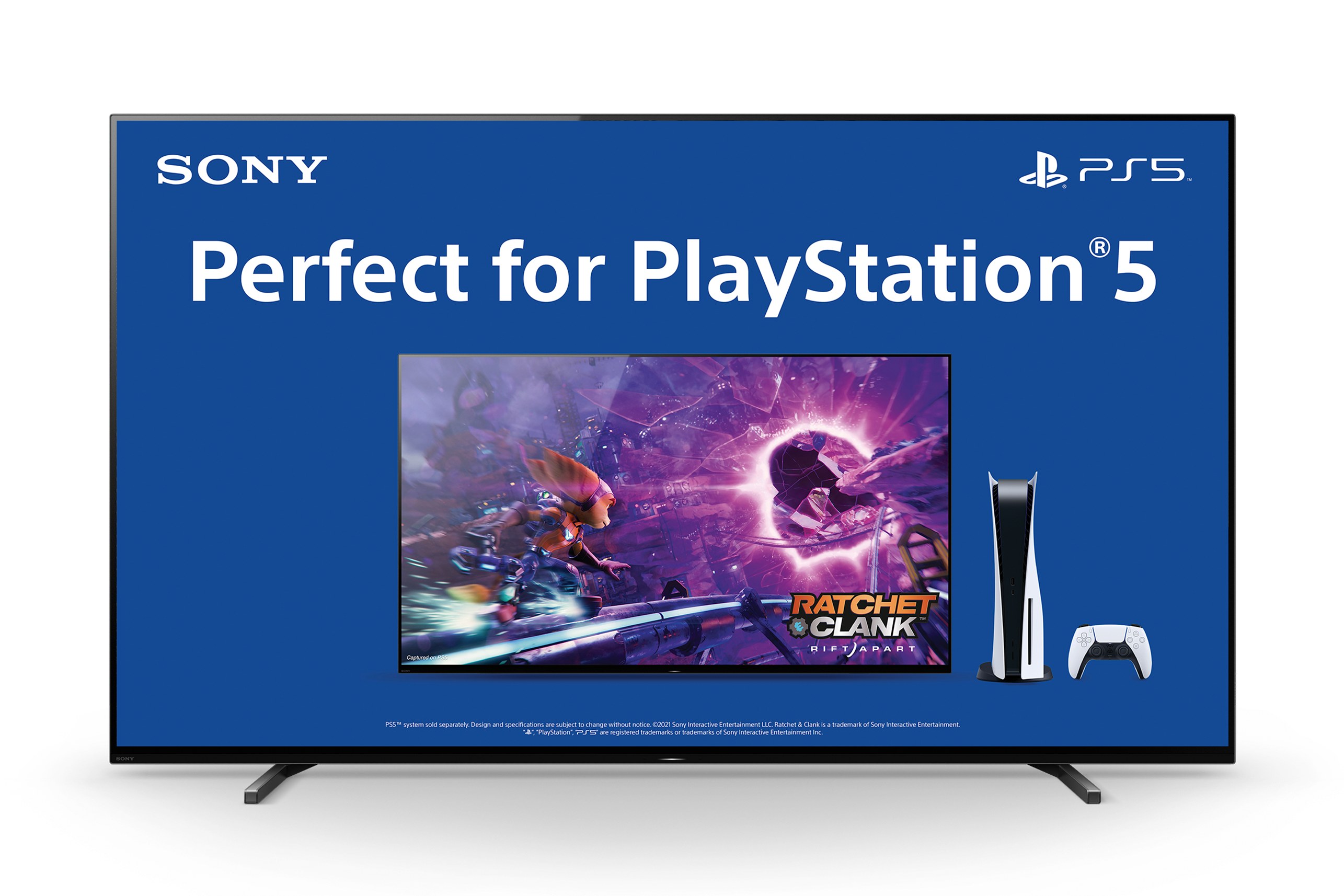 Sony-Fernseher mit PlayStation 5-Konsole und Spiel, auf blauem Bildschirm.