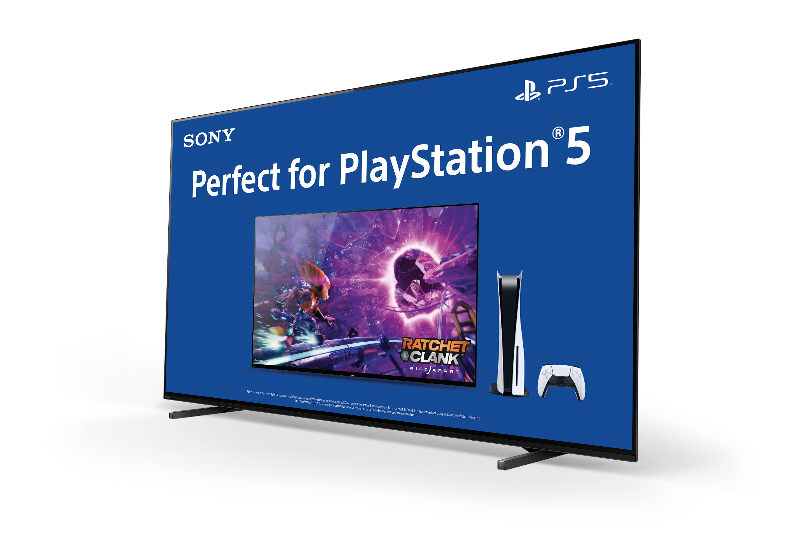 Ein großer Fernsehbildschirm mit einer Spielszene, mit einer Playstation 5 und einem Controller.