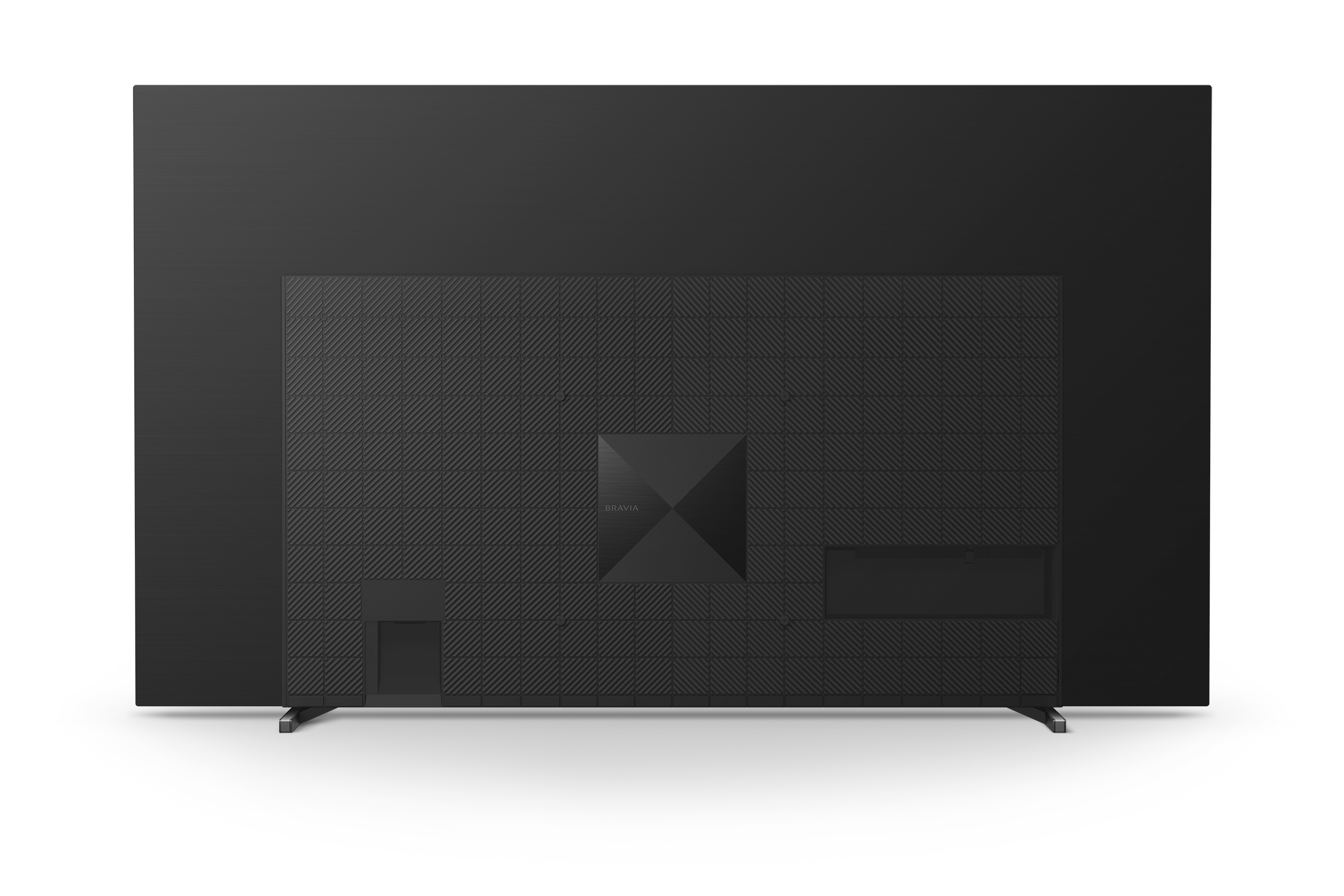 Rückansicht eines schwarzen Fernsehers auf weißem Hintergrund. Es hat eine strukturierte Rückseite mit Logo in der Mitte.