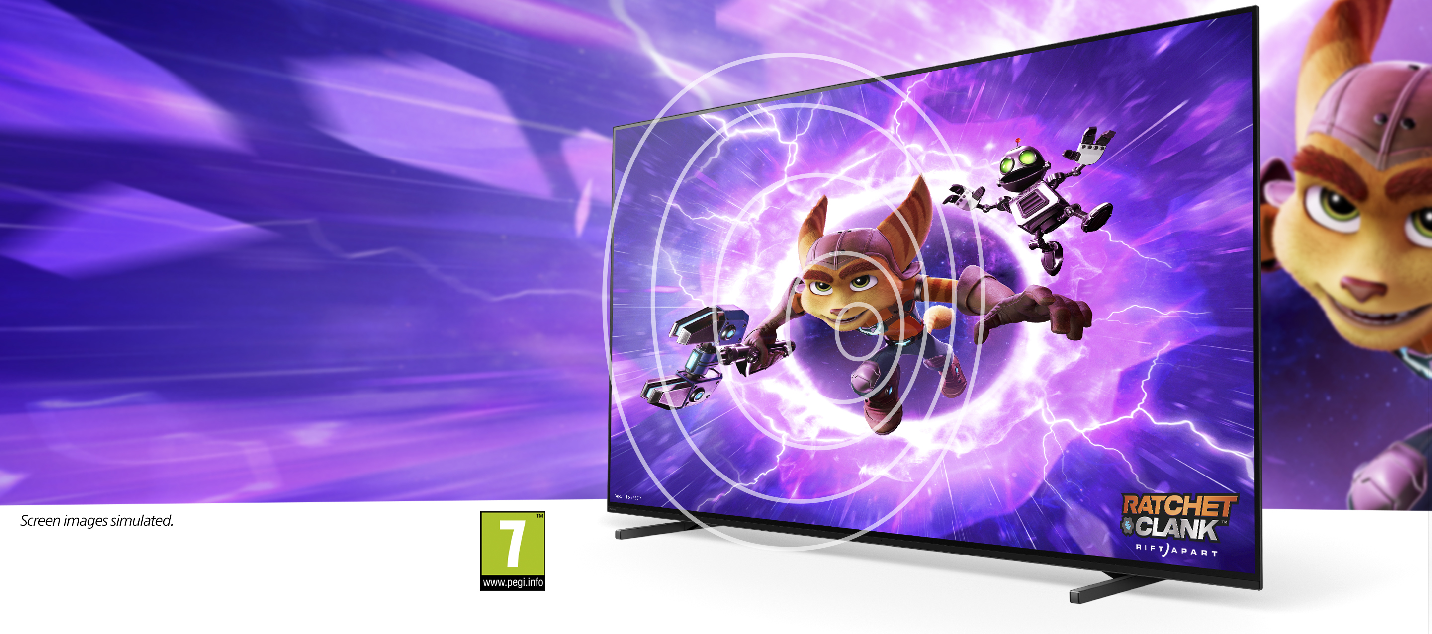 Fernsehbildschirm mit Ratchet & Clank-Spiel. Lila Hintergrund mit Grafiken.