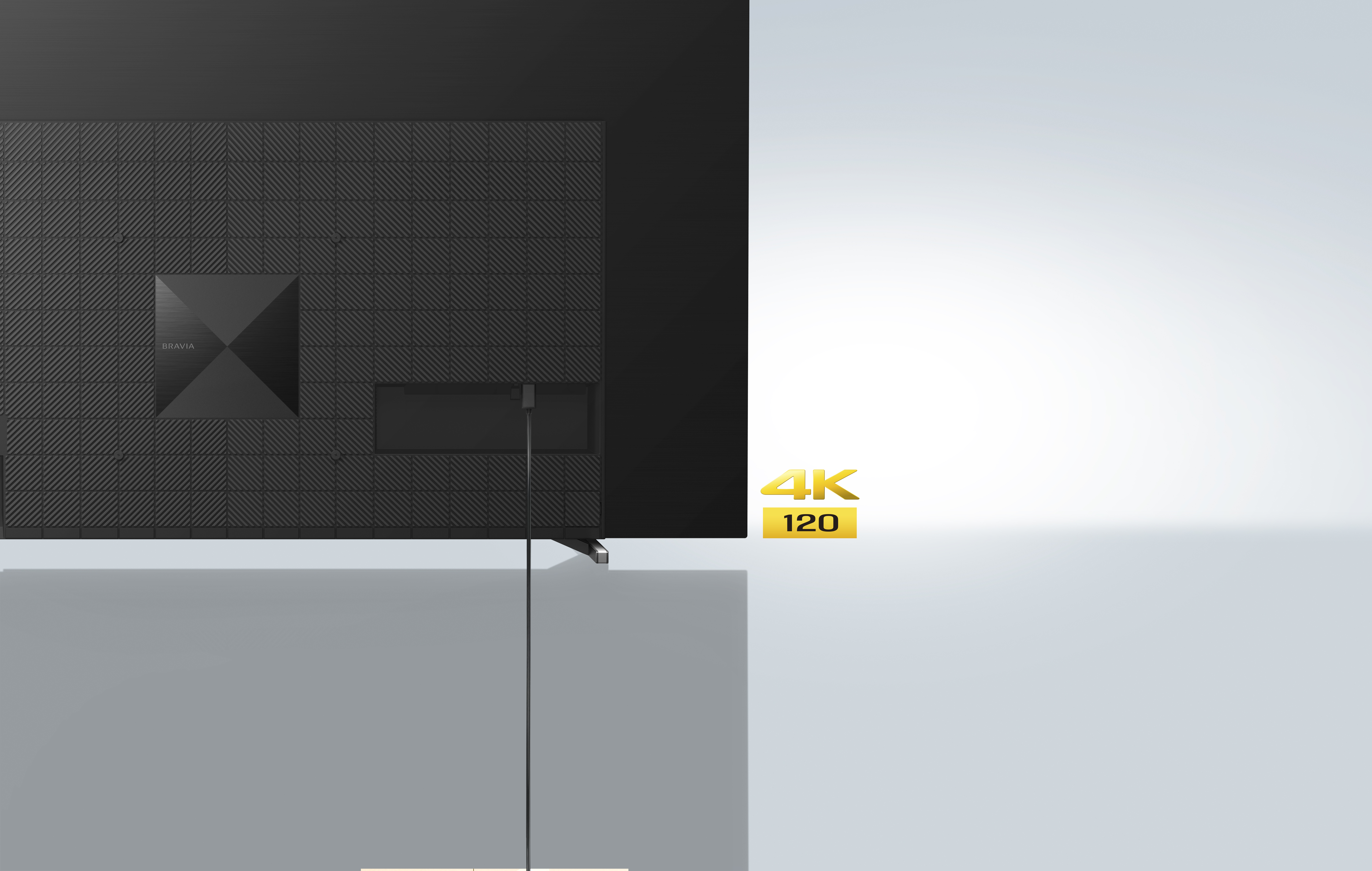 Rückseite eines schwarzen Fernsehers mit 4K 120-Label, und weißem Hintergrund.