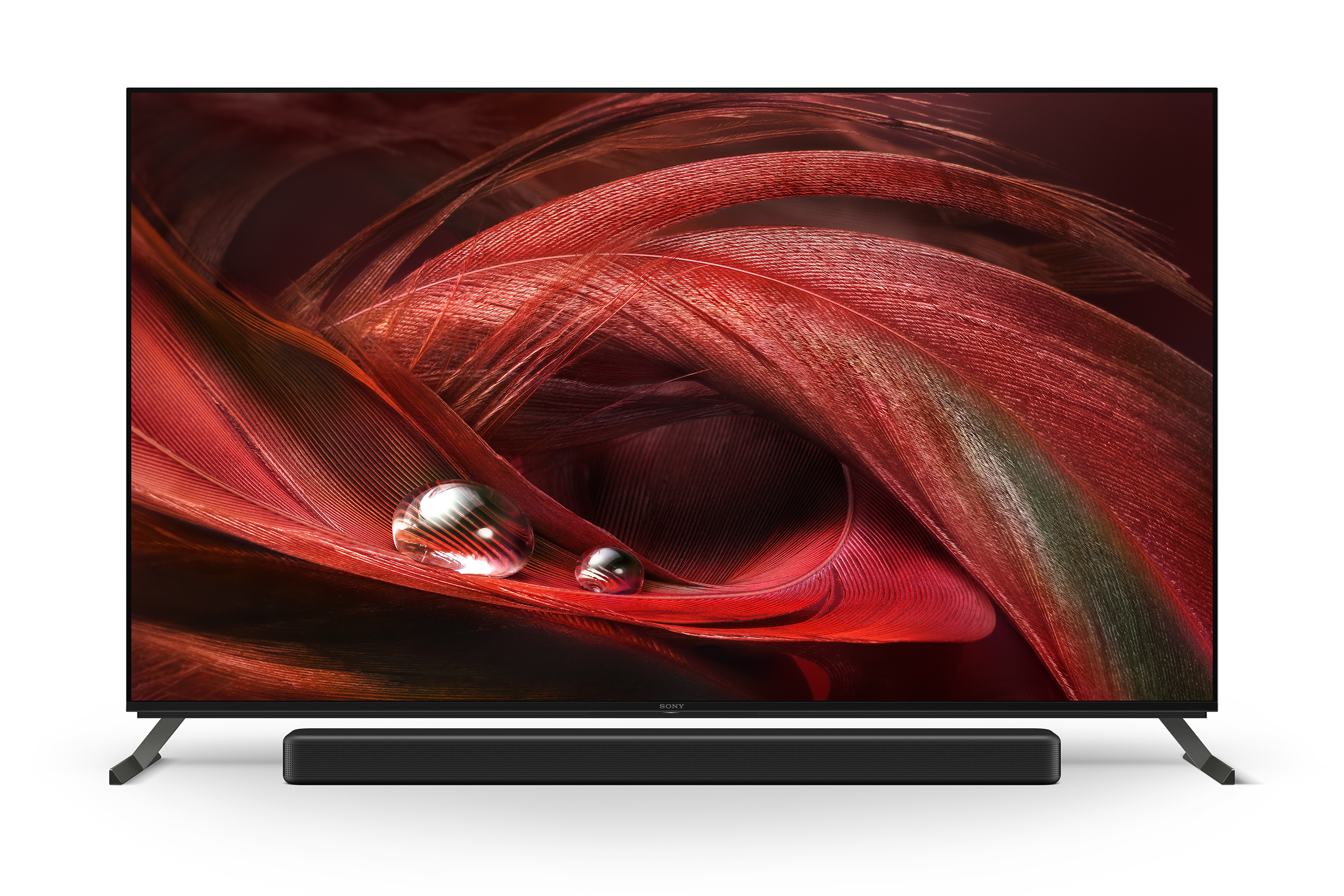Flachbildfernseher mit rotem und schwarzem abstraktem Bild und schwarzer Soundbar darunter.