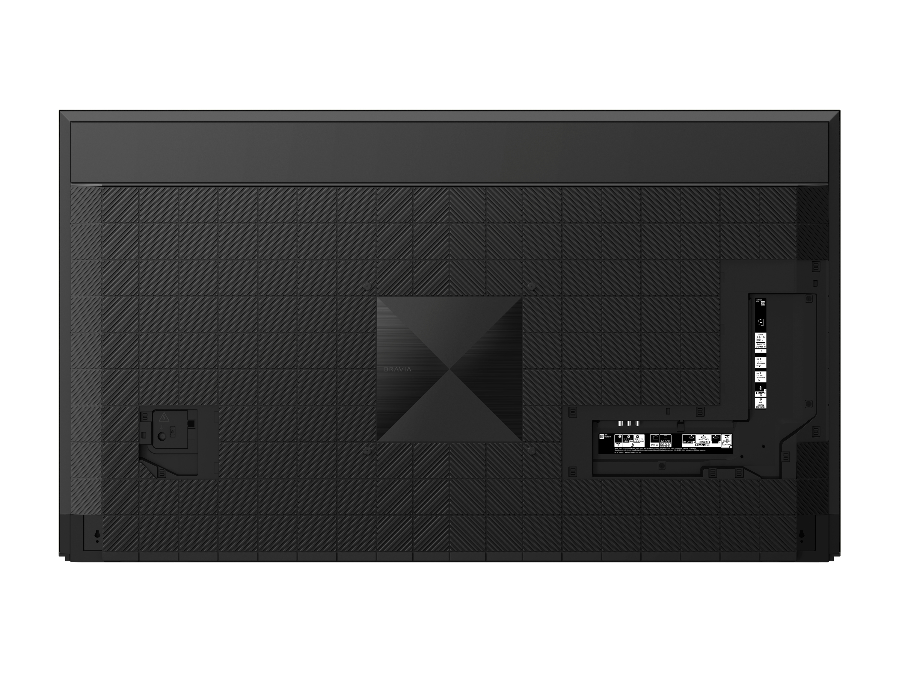 Rückseite eines schwarzen Sony Bravia Fernsehers. Mit strukturierter Oberfläche, Anschlüssen und Bravia-Logo.