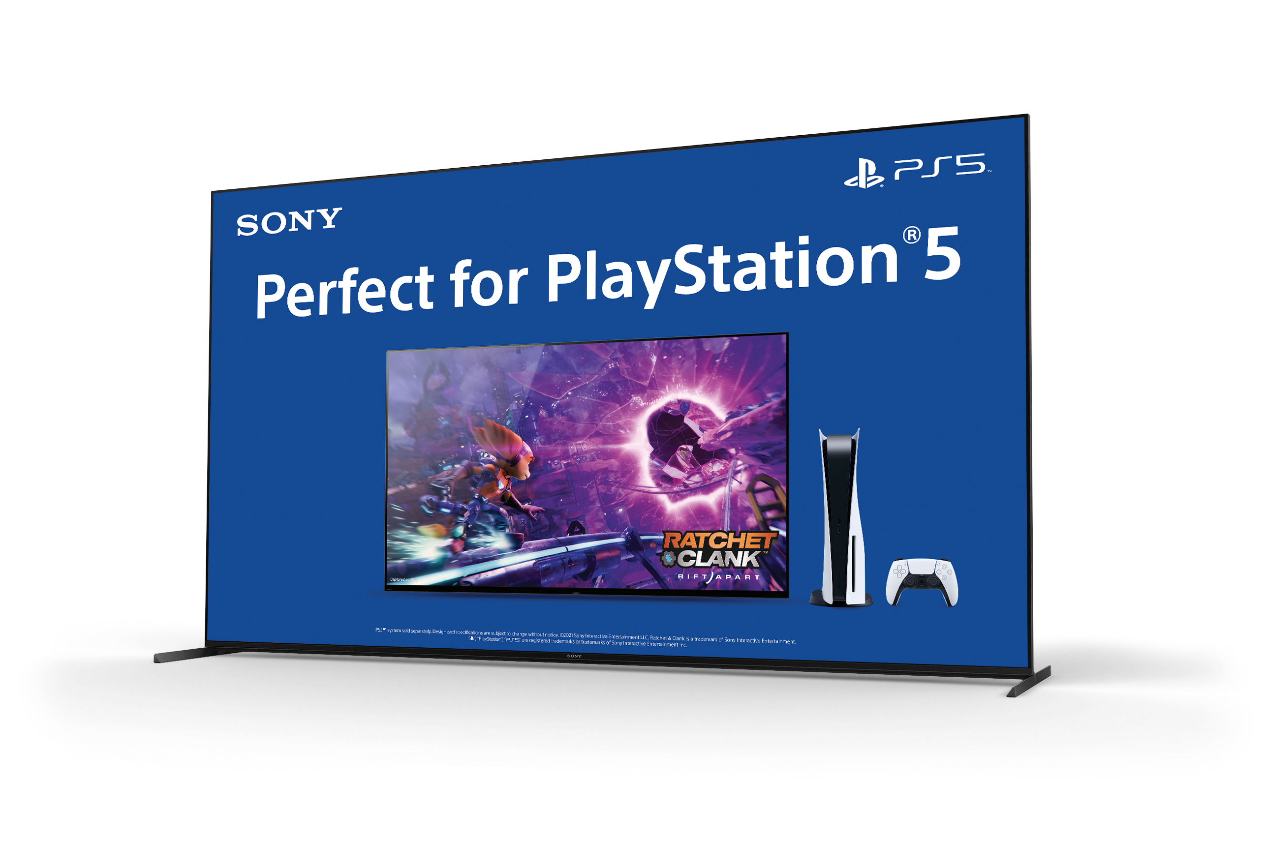 Großer Fernseher mit Spielmaterial und PlayStation 5 Logo.